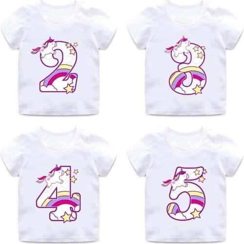 Boys/Girls Happy Birthday Unicorn Number 1-9 Bow Print T shirt Baby Cartoon Funny T-shirt Kids Birthday Present Clothes