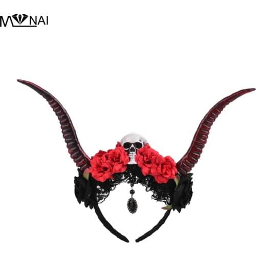 Gothic Sheep Horn Headband Forest Animal Photography Antler Skeleton Rose Hair Band Crystal Pendant Halloween Headpiece Costumes
