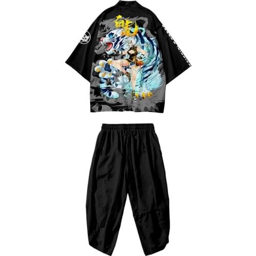 5XL 6XL 4XL Tiger Cartoon Japanese Style Sets Fashion Kimono Beach Harajuku Men Women Cardigan Haori Obi Asian Clothes Pant Suit
