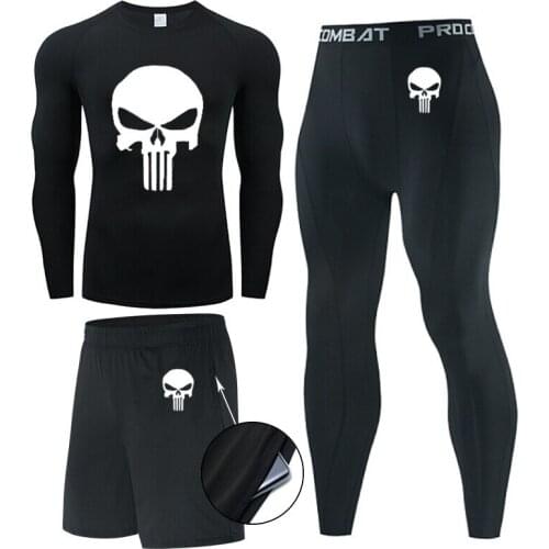 Men Skull 3 pc Underwear set Compression Workout sports running MMA clothing Top T shirt+leggings Gym jogging Fitness suits