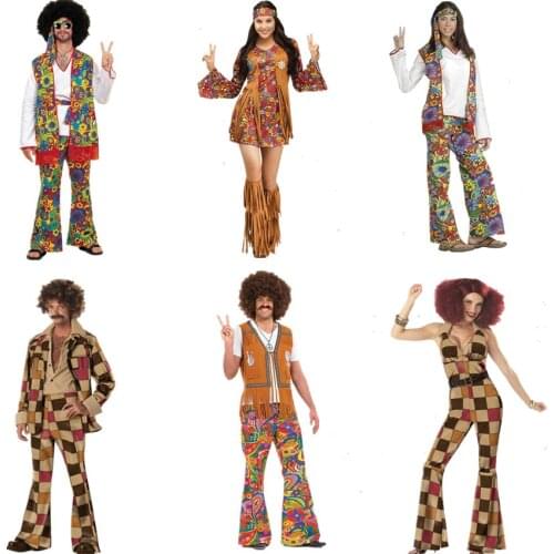 Retro 60s 70s Hippie Cosplay Carnival Halloween Costume for Men Women Fancy Disguise Clothing Party Fringed Native Night Club