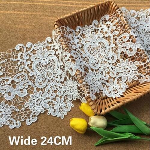 Wide 24cm White Delicate Water Soluble Tulle Lace Fabric Collar Applique Embroidery Ribbon Curtain Dress Trim Decor DIY Sewing