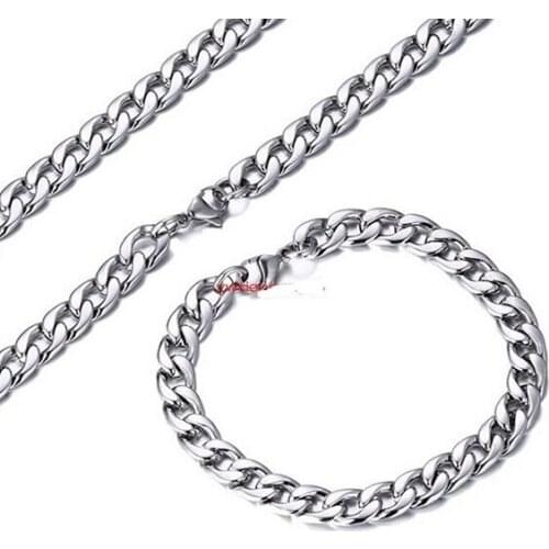 Trendy jewelry set Stainless Steel 6mm flat NK Chain Necklace & Bracelet Set for Holiday Gifts