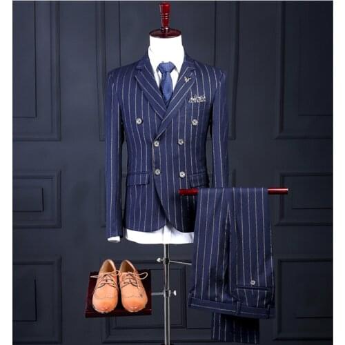 Mens Pinstripe Suit Blue 3 Piece Notched Lapel V Neck for Wedding Groomsmen Tuxedos Suits Men 2019