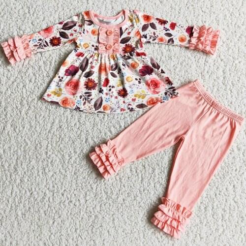 New Design Toddler Bbay Girls Clothing Boutique Fall Kids Designer Clothes Fashion Flower Print Ruffle Little Girls Clothes Set