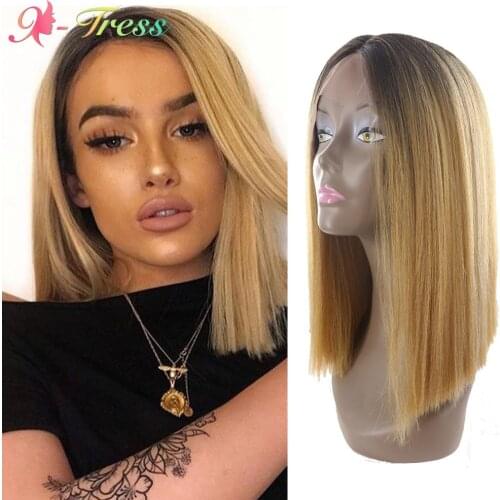 Middle Part Lace Front Wigs Ombre Brown Blonde Bob Women Synthetic Wigs X-TRESS Shoulder Length Yaki Straight Blunt Cut Lace Wig