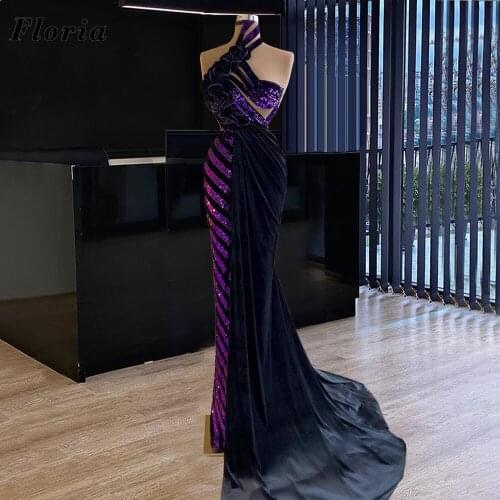 Simple Purple And Black Party Dress Halter Long Sequins Prom Dresses 2021 Custom Made Pleated Evening Dress Celebrity Prom Gowns