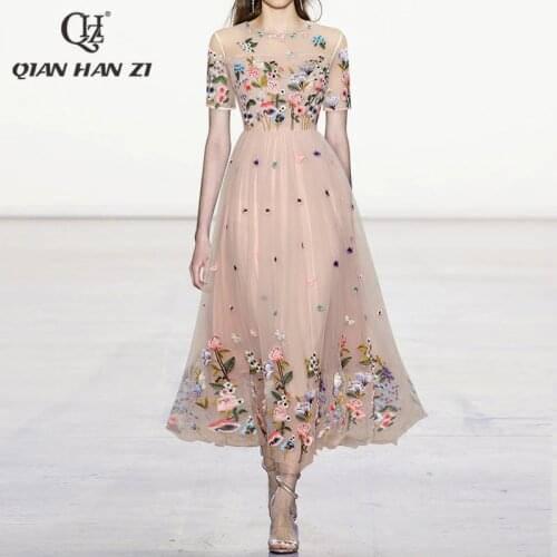 Qian Han Zi fashion summer runway maxi dress Short sleeved elegant Mesh high-quality embroidered long dress Women 2021 new