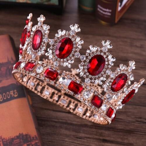 Luxury Gold Wedding Hair Jewelry Red Crystal Big Round Heavy Tiaras And Crowns King Queen Diadem Wedding Bridal Hair Accessories