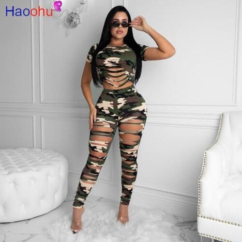 HAOOHU Sexy Camo Hole Two Piece Set Tracksuit Women Summer Clothes Crop Top Pant Sweat Suit Lounge Wear Outfits Matching Sets