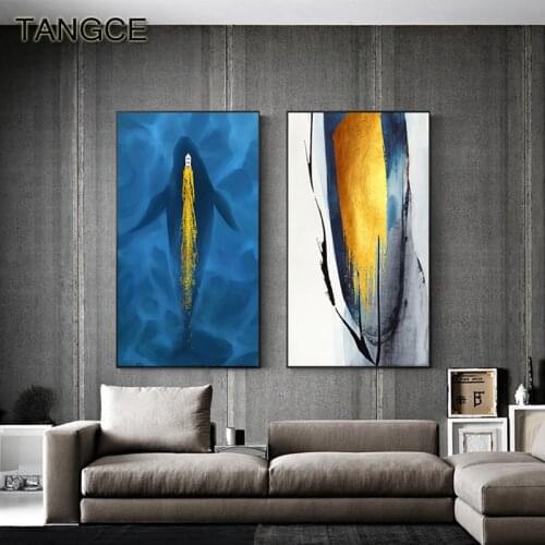 Nordic Blue Whale Poster and Print Abstract Purple Starry Night Canvas Art Decor Gold Wall Picture for Living Room Big Wall Art