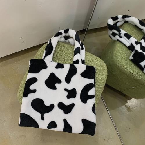 Fashion Design Womens Purse Handbags Student Girls Cow Pattern Cute Small Shoulder Bags Soft Plush Ladies Mini Casual Tote Bag