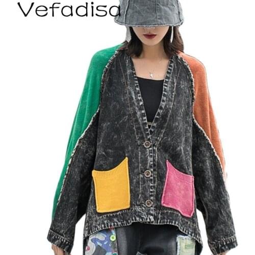Vefadisa Vintage Denim Patchwork Women Sweater 2021 Autumn Stitched Color Cardigan Knitted Batwing Sleeve Female Coat QYF6198