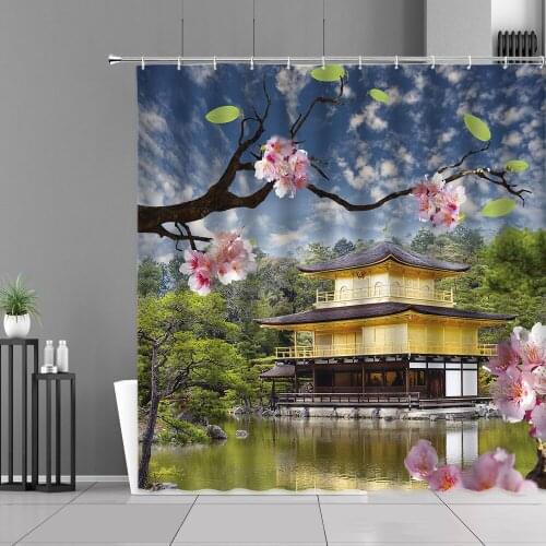 Spring Landscape Shower Curtains Pink Peach Blossom Flowers Green Leaf Plants Pavilion Lake Trees Scenery Home Bathroom Curtain