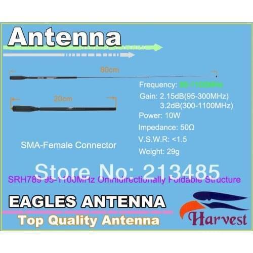 SMA-F Harvest SRH789 95-1100MHz Omnidirectionally Foldable Structure Telescopic Antenna 2.15dB(95-300MHz)/3.2dB(300-1100MHz)