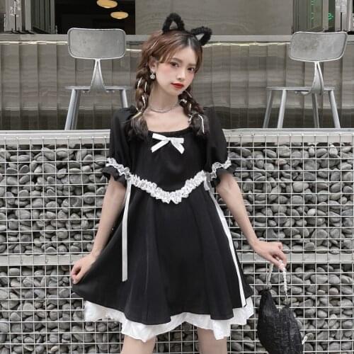 Japanese Summer Kawaii Square Collar Ribbon Gothic Dress Ruffle Lolita Party Dresses Japanese Harajuku Women Black Mini Dresses