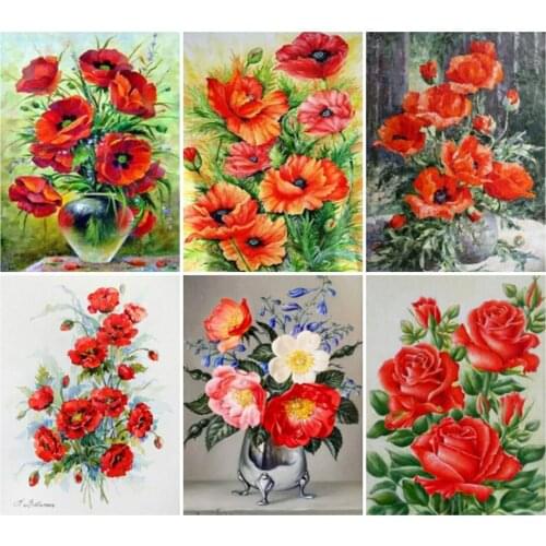 Yujohom Square Diamond Painting by Number Red Poppy Painting Diamond Embroidery 5D Rhinestone Mosaic Diamond Inlaid Flower Art