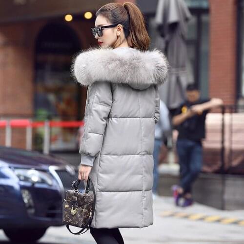 Real Genuine Leather Winter Jacket Women Long Sheepskin Coat Womens Down Jackets Raccoon Fur Collar Warm MF9212
