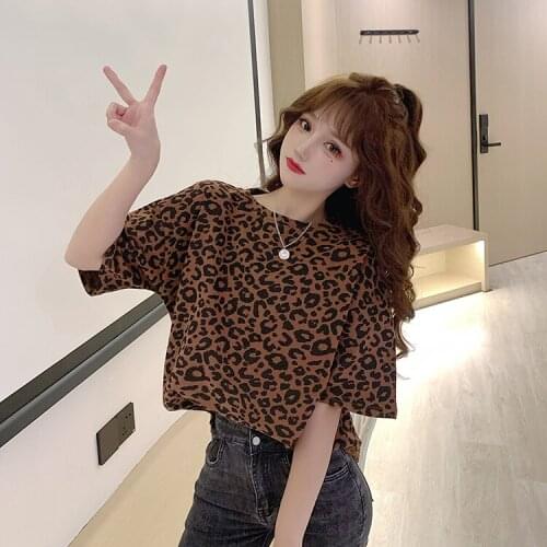 2021 new college style fat MM loose large size womens leopard print ins short-sleeved t-shirt women