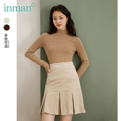 INMAN Womens Skirt Autumn Winter Elegant Minimalist High Waist Folding Hem Design Beige or Brown A-Line Females Bottoms