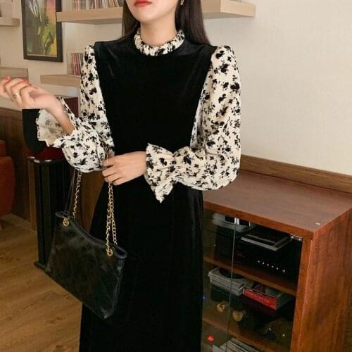 Woman Dresses Elegant Retro Small Floral Stitching Fake Two-Piece Velvet Dress Vestido De Mujer Femme Robe
