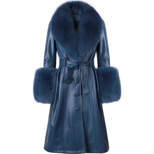 Women Plus Size Long Jackets Ladies Genuine Leather Trench Coat With Fox Fur Collar