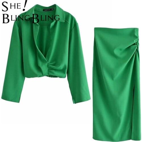SheBlingBling 2021 Za Chic Green Summer Suit Wrist Sleeve Cropped Shirts Midi Skirts Women Casual 2 Pieces Female Outfits Blouse