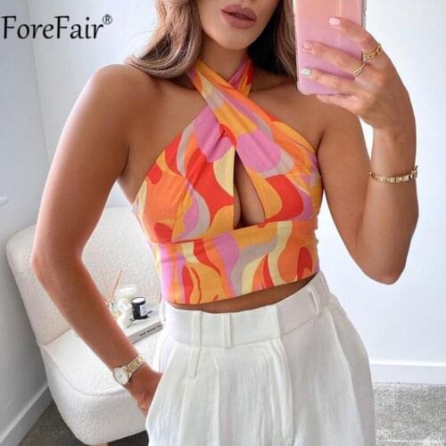 Forefair 2021 Summer Tank Tops Halter Neck Backless Hollow Out Print Sleeveless Off Shoulder Women Casual Sexy Y2k Crop Top
