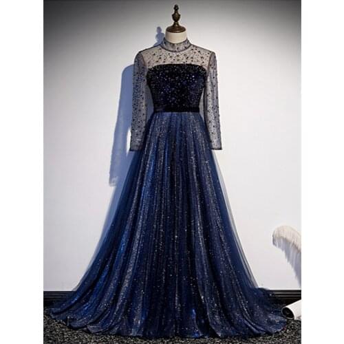Vestido De Festa High Neck A-line Long Evening Dress Robe De Soiree Fashion Navy Blue Long Sleeve Evening Dresses Formal Dress