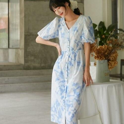 2021 Summer V-neck Ink Printing Blue Dress Sweet Korean Women Sweet Fairy Cute Chic Dress Female Vestido Mujer