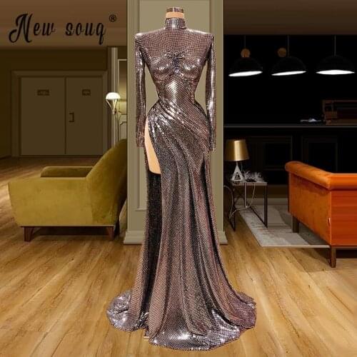 Luxury Soft High Neck Long Sleeve Prom Gown 2021 Custom Made Plus Size Long Evening Dresses With High Split Side Mermaid Robes