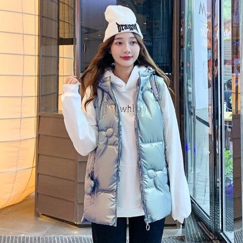 Sleeveless Jacket Women Solid Hooded Zipper Pockets Ladies Winter Vest Thick Shiny Waistcoat for Female 2021 Fashion Clothing