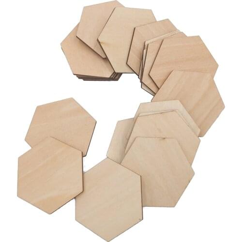 100pcs 80mm Unfinished Wood Hexagon Shaped Wood Pieces Ornaments Wooden Cutouts for DIY Craft Home Decor