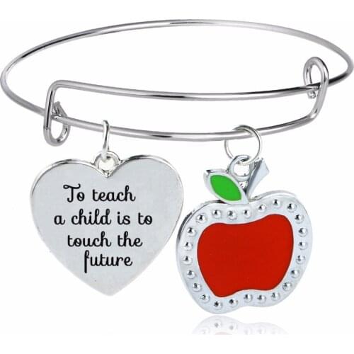 12PC/Lot Appreciation Teachers Gifts To Teach A Child Is To Touch The Future Apple Heart Charms Bangle Bracelet Teacher Jewelry