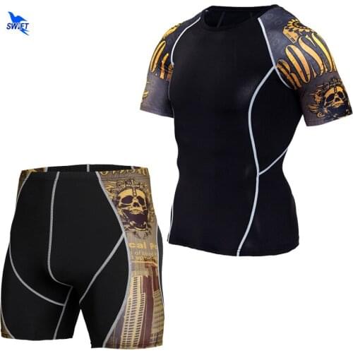 2Pcs/Set Mens Compression Running Jogging Suits Clothes Sports Set Short Sleeve Shirts And Shorts Gym Fitness Tights Sportswear