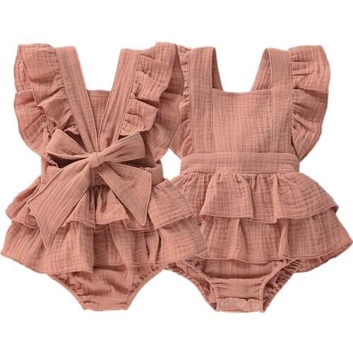 2021 Summer Newborn Baby Girls Bodysuits Clothes Princess Ruffle Cotton Jumpsuit Cute Toddler Backless Lace Up Bow Beach Outfits