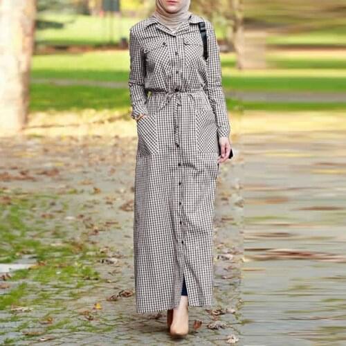 2021 Morocco Elastic Waist Shirt Dress ZANZEA Lapel Long Maxi Dress Muslim Dresses Casual Abaya Hijab Dresses Vestido