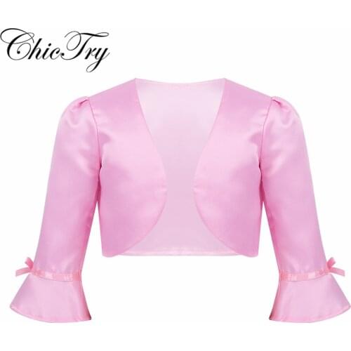 Little Kids Girls 3/4 Flare Sleeve Open Front Satin Bolero Cardigan Top Short Jacket Shrug Flower Girl Children Dress Cover Up