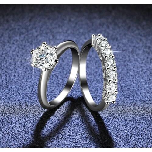 925 Sterling Silver 1 Carat Moissanite Ring Set with Seven Rows of Diamonds Classic Six-claw Engagement Wedding Jewelry