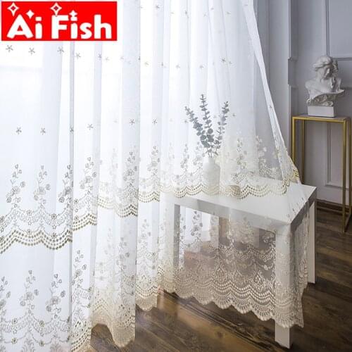 White Curtains Elegant Mesh Fabric Tulle Nordic Embroidery Lace Sheer Tulle for Living Room Finished Window Drapes M061#50