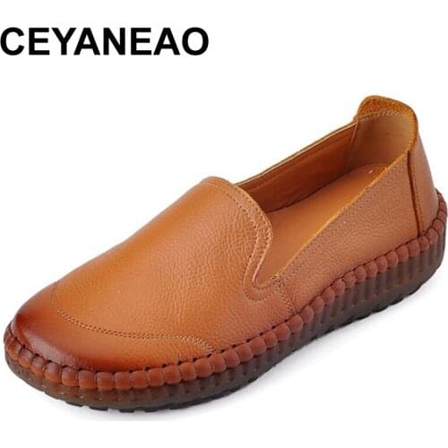 CEYANEAOGenuine Leather Loafers Women Casual Shoes Handmade TPR Bottom Mother Slip On Flats Comfort Sewing Women Shoes Plus Size
