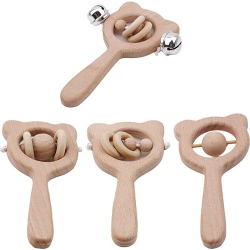 Baby Toys Beech Wood Bear Hand Teething Wooden Ring Can Chew Beads Baby Rattles Play Gym Montessori Stroller Toys