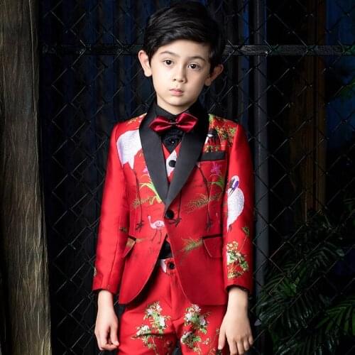 Children Formal Suits Set Boys Performance Wedding Costume Kids Chinese Style Print Tuxedo Vest Shirts Pants Bowtie Clothes Sets