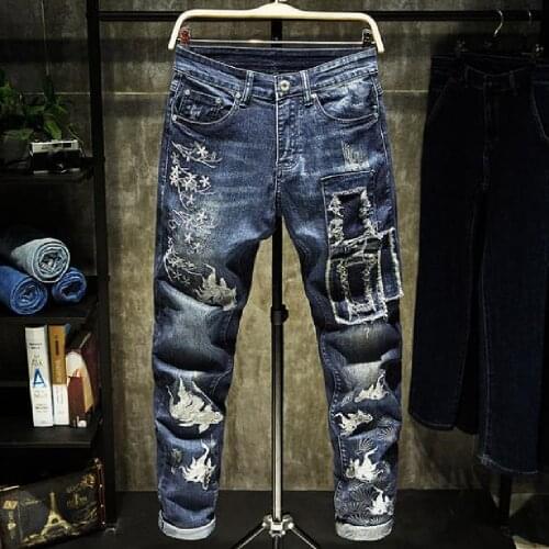 Mens Jeans New Fashion Embroidered Rig Patch Jeans Slim Patch Stretch Straight Pants popular logo Hip-hop Embroidered Jeans