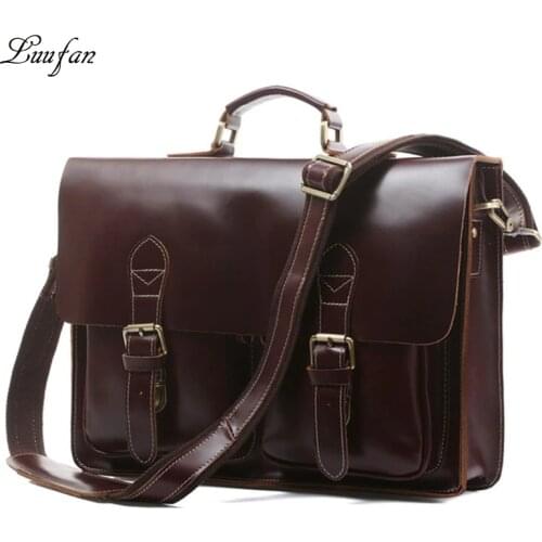 Mens genuine leather briefcase fit 15" Laptop with PC sleeve Vintage cowhide PC shoulder bag Shiny leather business bag