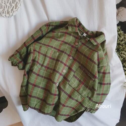 2021 new girls boys plaid shirt cotton linen full sleeve autumn kids top