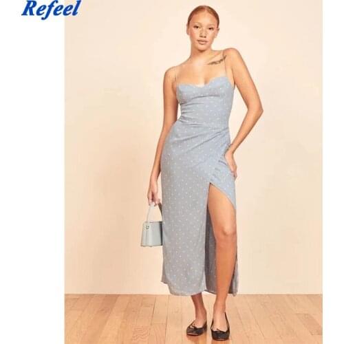 Midi Dress Sexy Side Split Ruched Vestidos White Dot Print Adjust Spaghetti Strap Dress Vintage Blue Tube Top