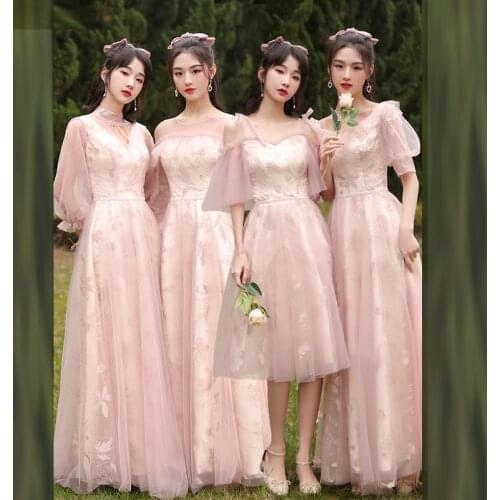 Bridesmaids Dresses Illusion Full V-Neck Lace Tulle Spaghetti Straps Embroidery Vintage Luxury Pink Lady Wedding Party Gown E692