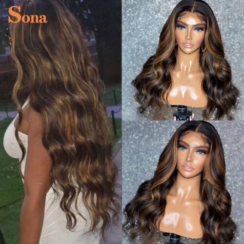 Transparent Lace #1B/27 Highlight Wig Body Wave Brown Colored 360 Lace Frontal Wig Glueless Highlight Lace Front Human Hair Wigs