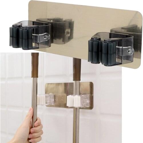 Self Adhesive Dual Rack Wall Hooks for Home Wall Mounted Mop Bar Organizer Holder Kitchen Tool Brush Broom Hanger Storage Rack